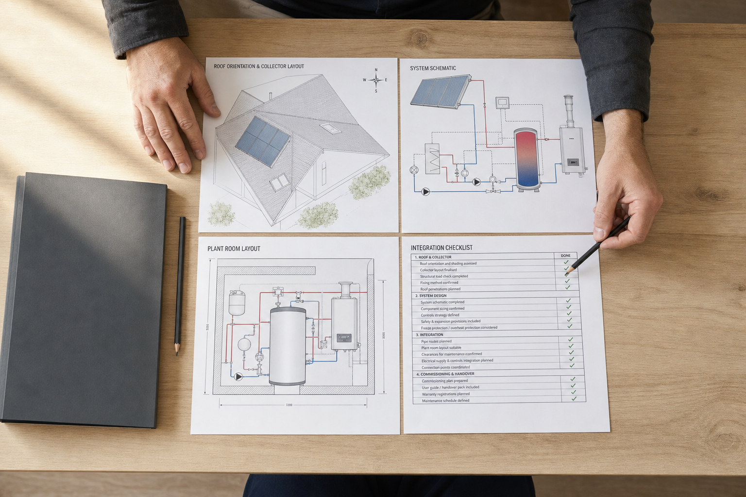 Hands are reviewing solar system schematics and a checklist on a desk with a closed notebook and pencil.