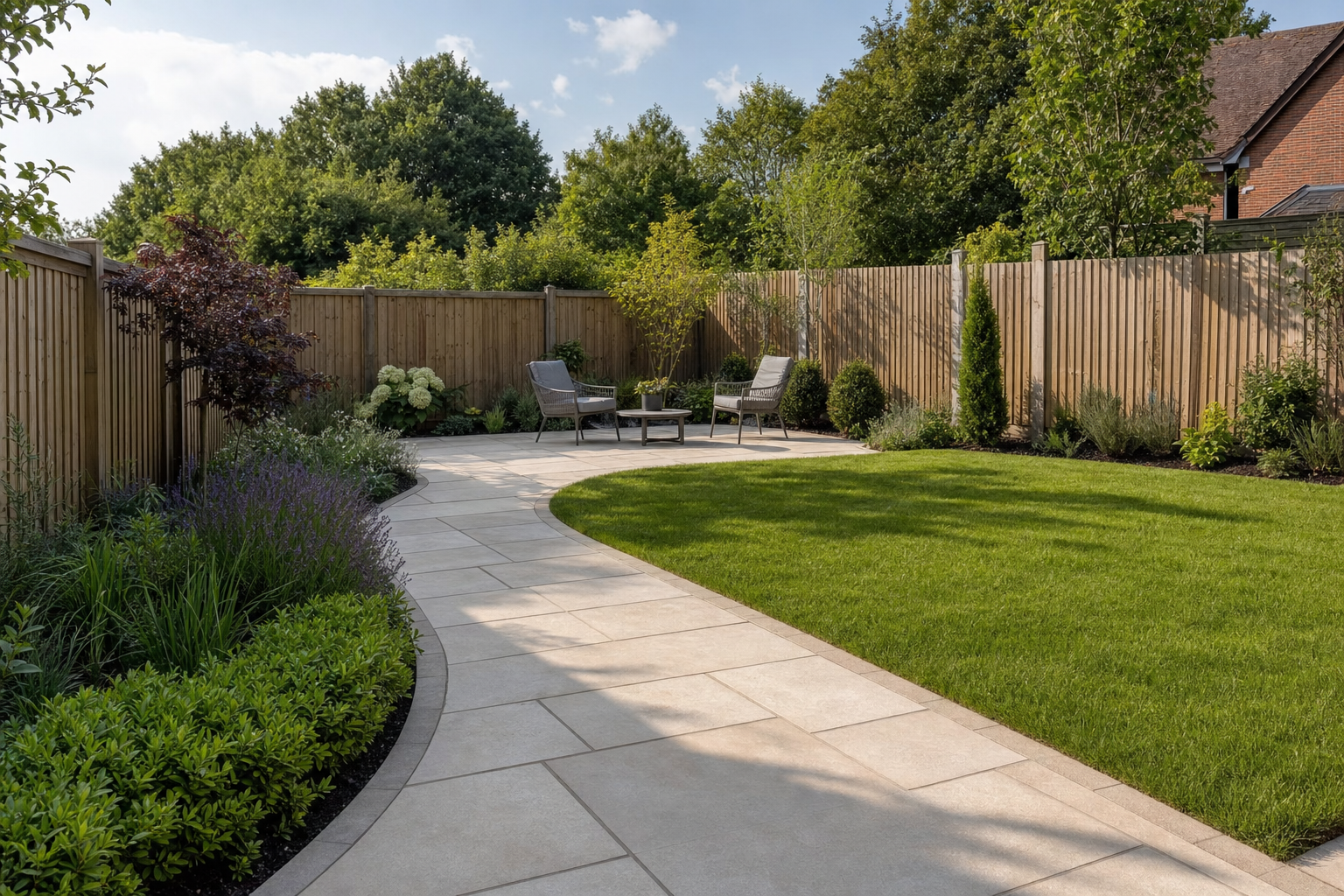 A neatly landscaped garden with a paved path, surrounded by wooden fencing and featuring outdoor seating.