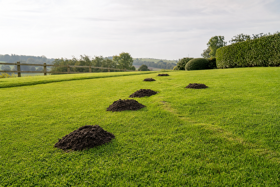 A series of molehills on a neatly mown lawn with a wooden fence and trees in the background.