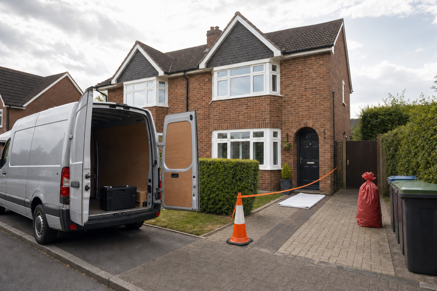 A removal van parked outside a brick house with a cone and barrier tape by the front door.