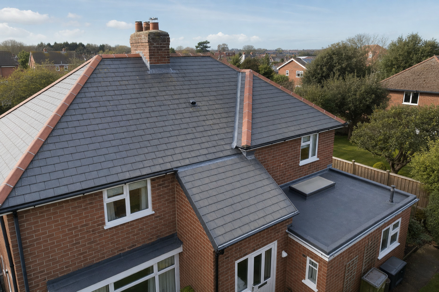 Aerial view of a modern brick house with a grey tiled roof and chimney in a suburban area.