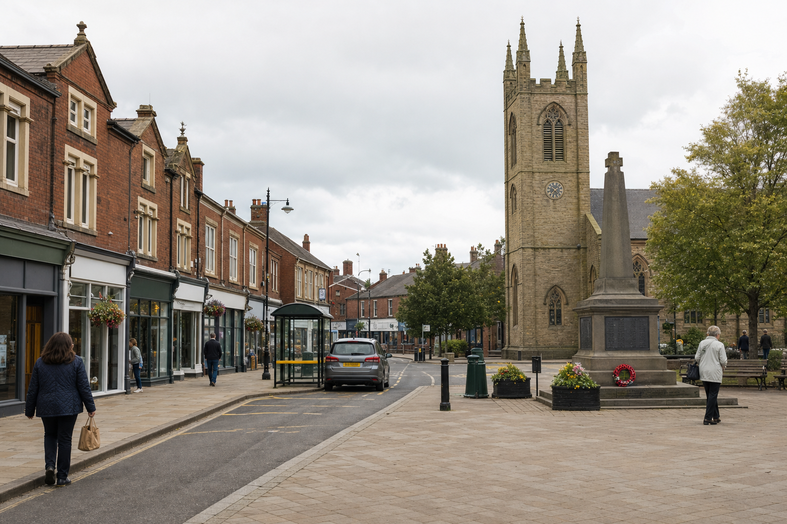 Town centre with historic church, war memorial, and pedestrians strolling along the pavement on a cloudy day.
