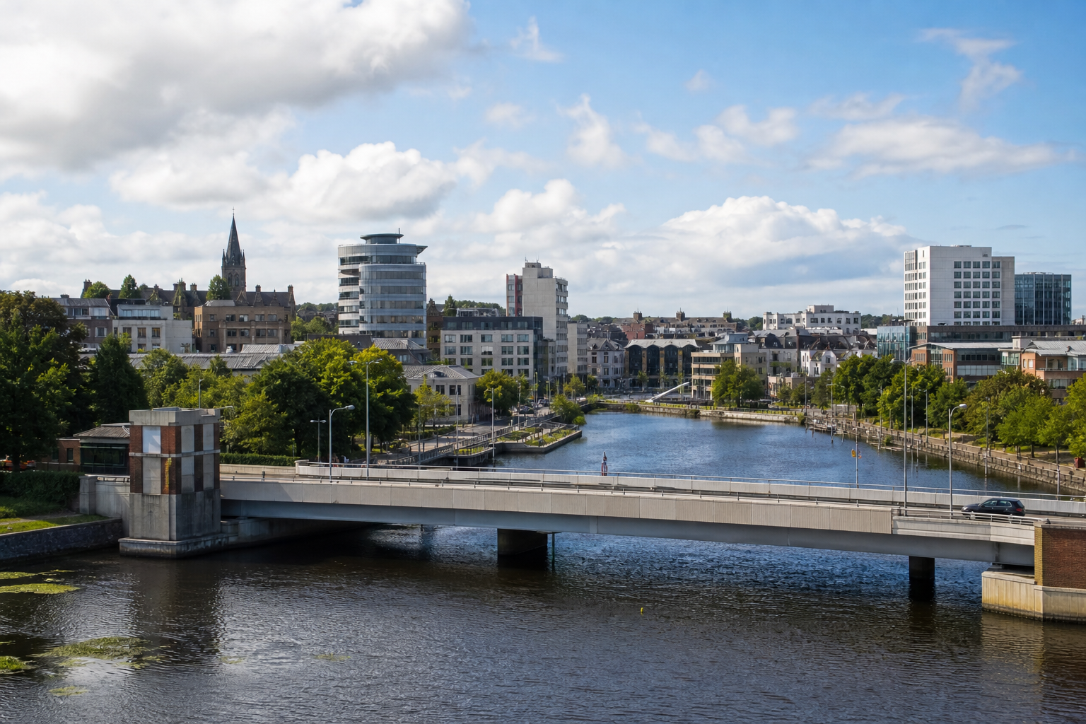 River bridge in an urban landscape with modern and historic buildings under a partly cloudy sky.