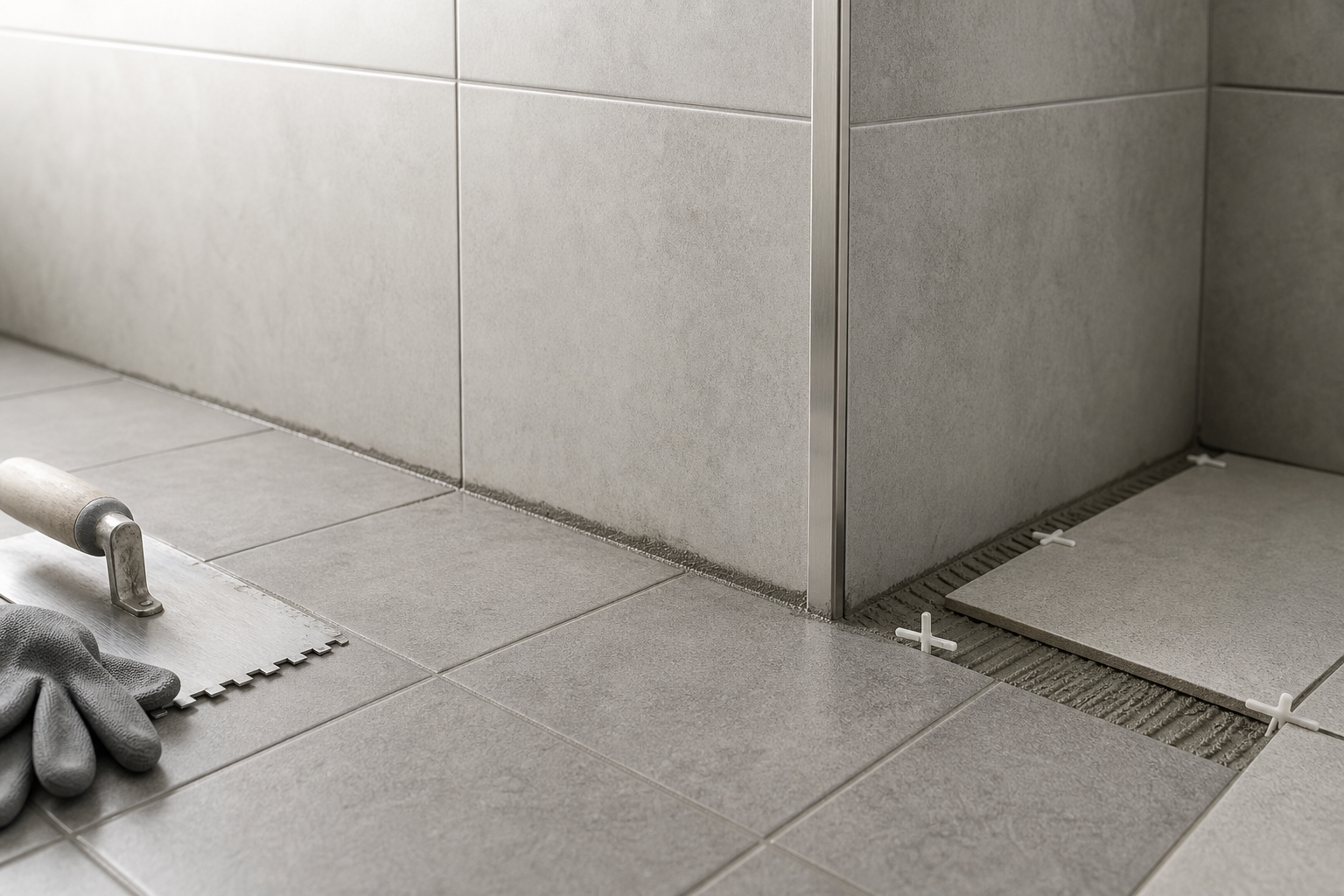 Tiling project in progress showing grey ceramic tiles, a notched trowel, and spacers on a bathroom floor.