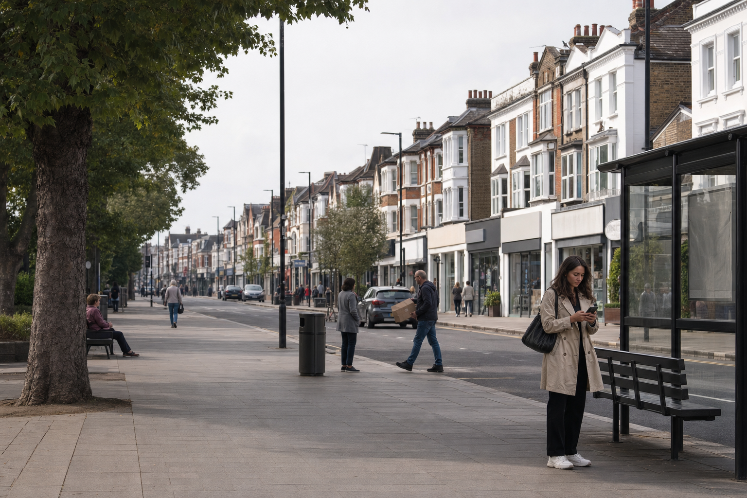 A woman stands at a bus stop on a pedestrian street lined with shops and trees.