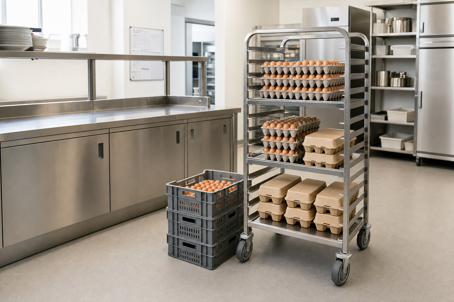 A metal trolley with stacked egg trays and crates in a commercial kitchen setting.