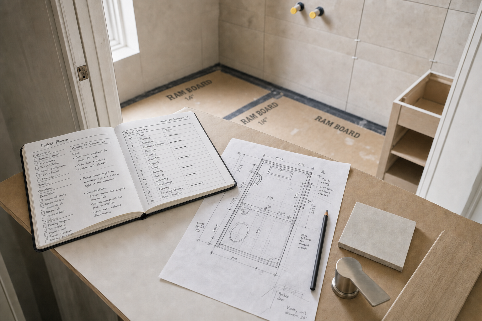 Bathroom renovation plans with a sketch, project planner, tile sample, and handle on a table in a partially-tiled room.