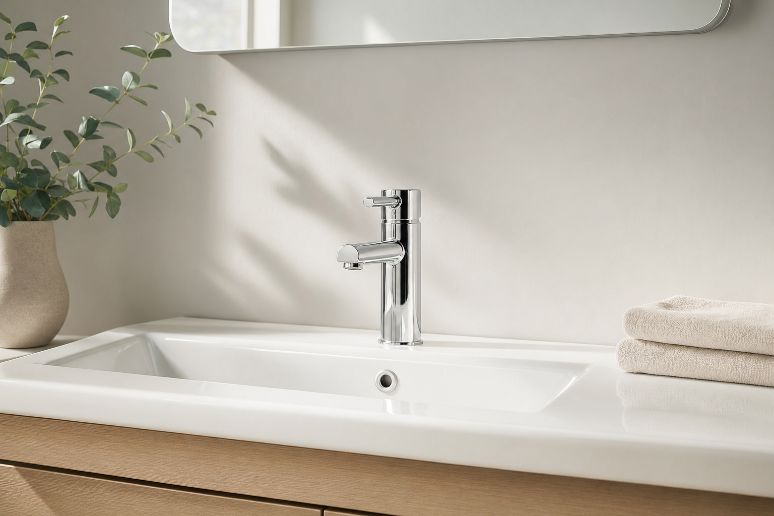 Modern bathroom sink with a chrome tap, folded towels, and a potted plant on a light wooden cabinet.