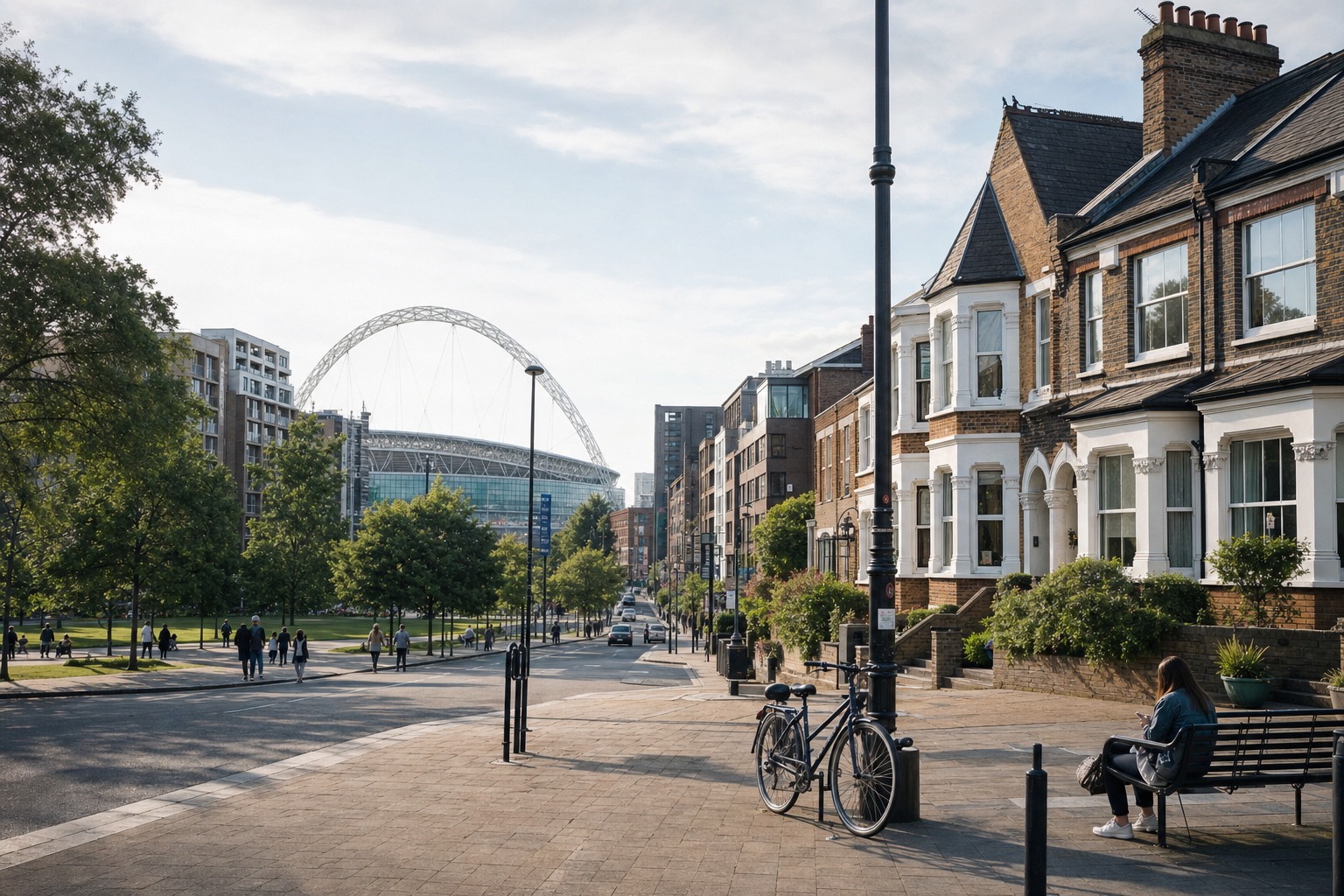 Street scene with terraced houses, a bicycle, and a view of Wembley Stadium's arch in the distance under a clear sky.
