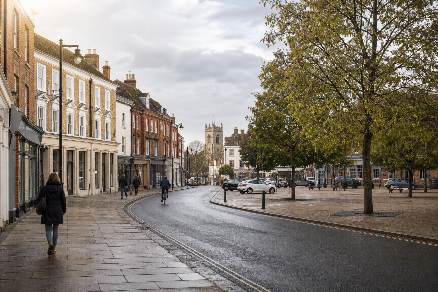 A quaint British street scene with historic buildings, a cyclist, pedestrians, autumn trees, and a church in the background.