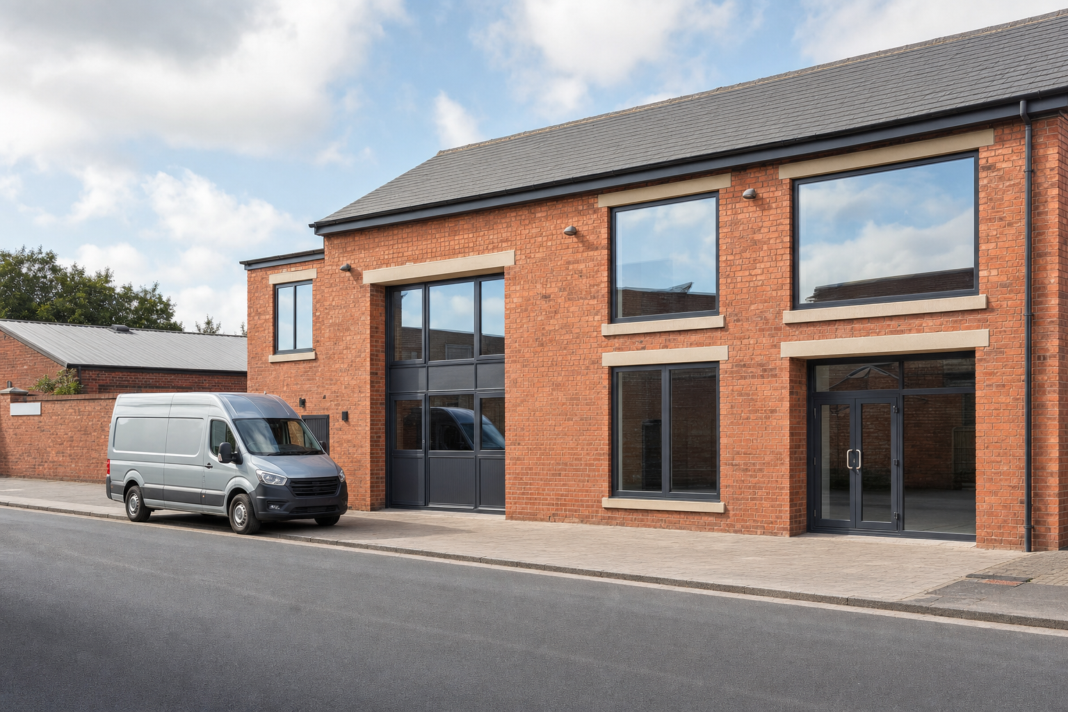 Silver van parked outside a modern brick building with large windows under a cloudy sky.