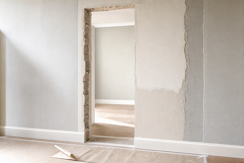 Partially renovated doorway with exposed brick and plaster walls, showing an unfinished room transition.