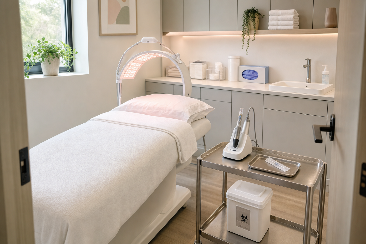 Well-equipped spa treatment room featuring a treatment bed, LED light therapy device, and medical equipment trolley.
