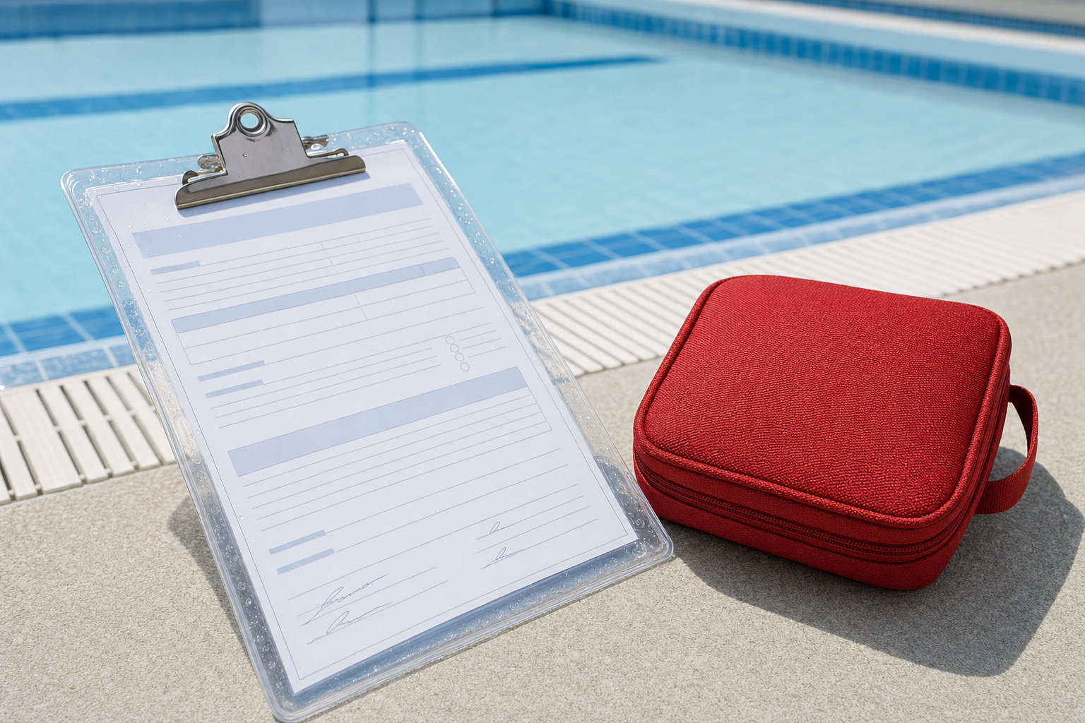 Clipboard with paperwork and red first aid kit by a swimming pool.