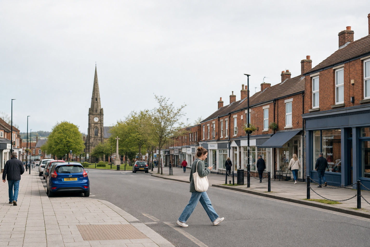 A person crosses a quiet street lined with brick buildings and a church in the background.