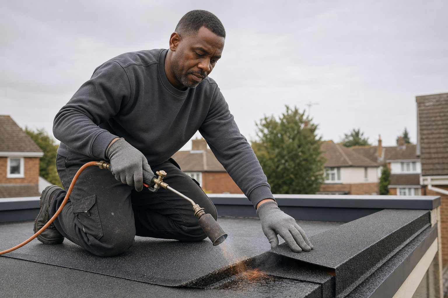 Roofer kneeling and using a blowtorch to seal roofing material on a flat roof in a residential area.