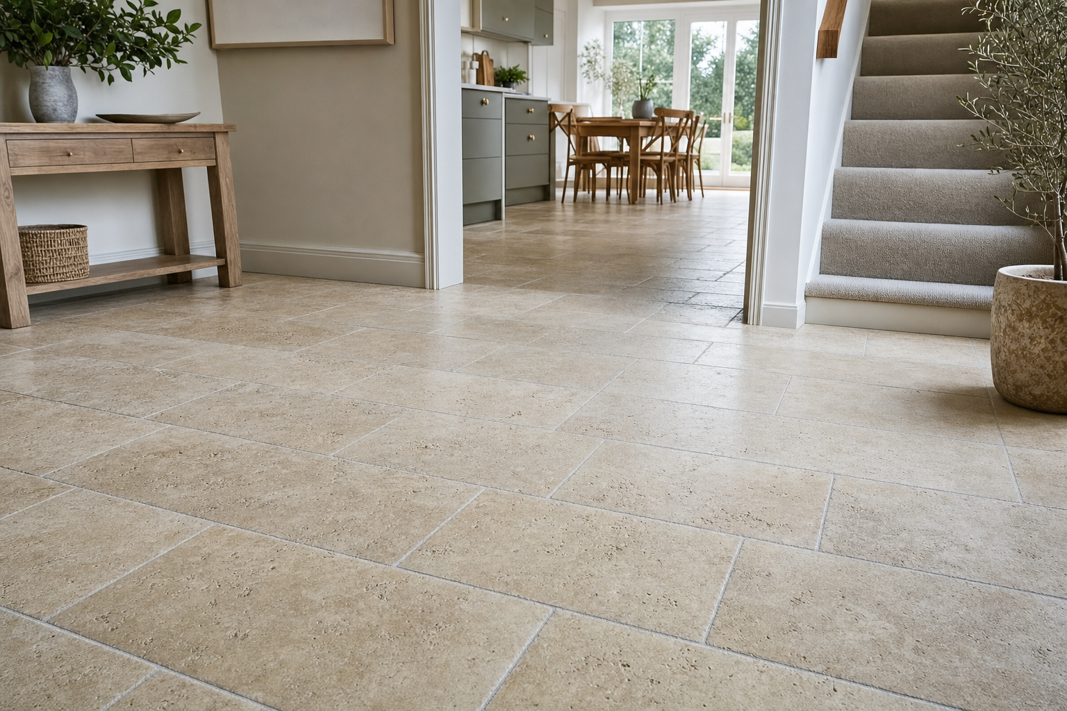Spacious kitchen with natural stone flooring, wooden dining set, and large window doors at the back.