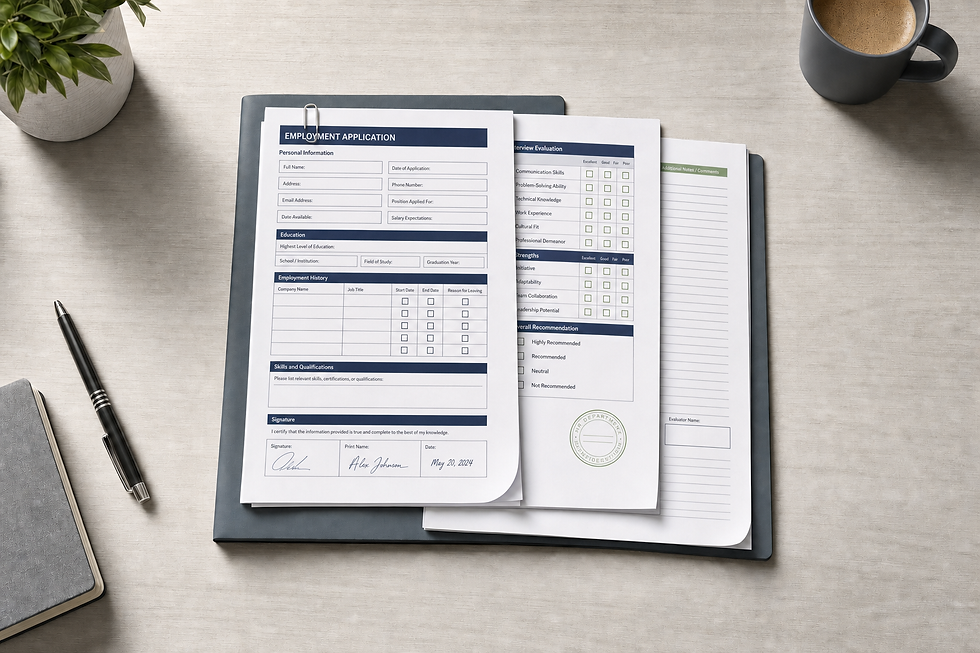Employment application and evaluation forms on a clipboard next to a pen, notebook, and cup of coffee on a desk.