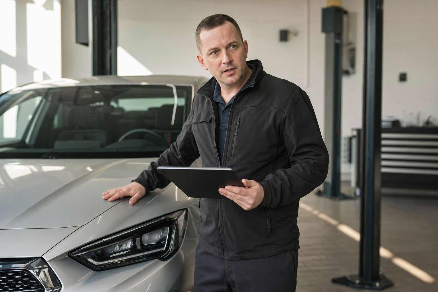 A man in a garage inspects a car while holding a tablet.