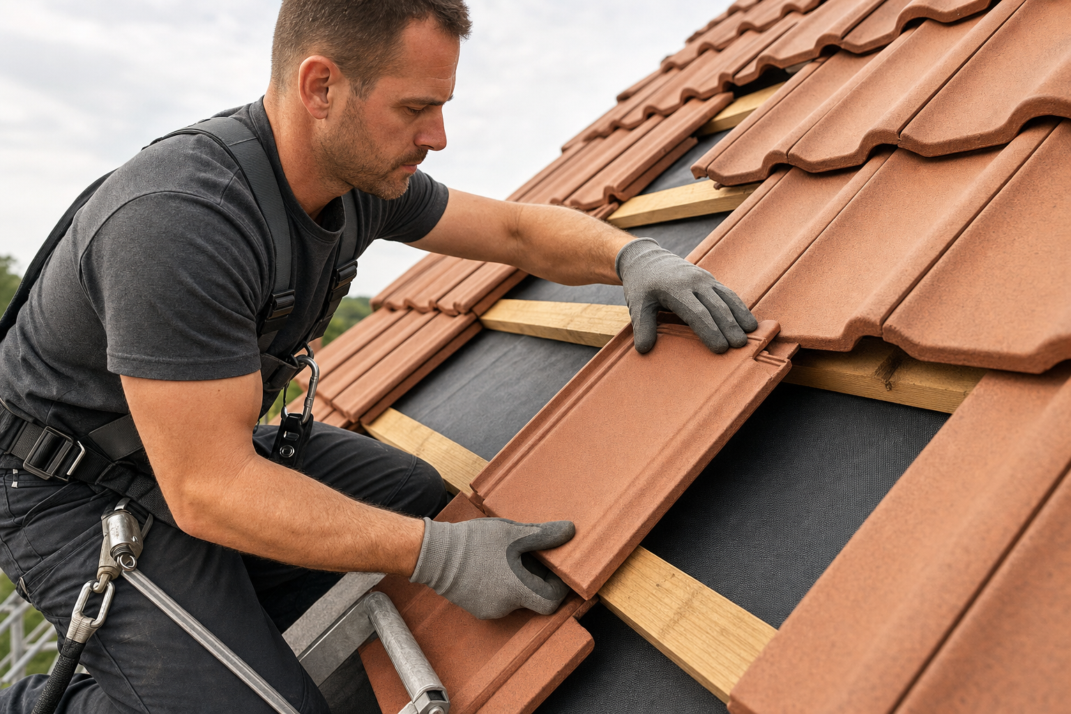 A worker in safety gear installs terracotta roof tiles on a sloped wooden frame.