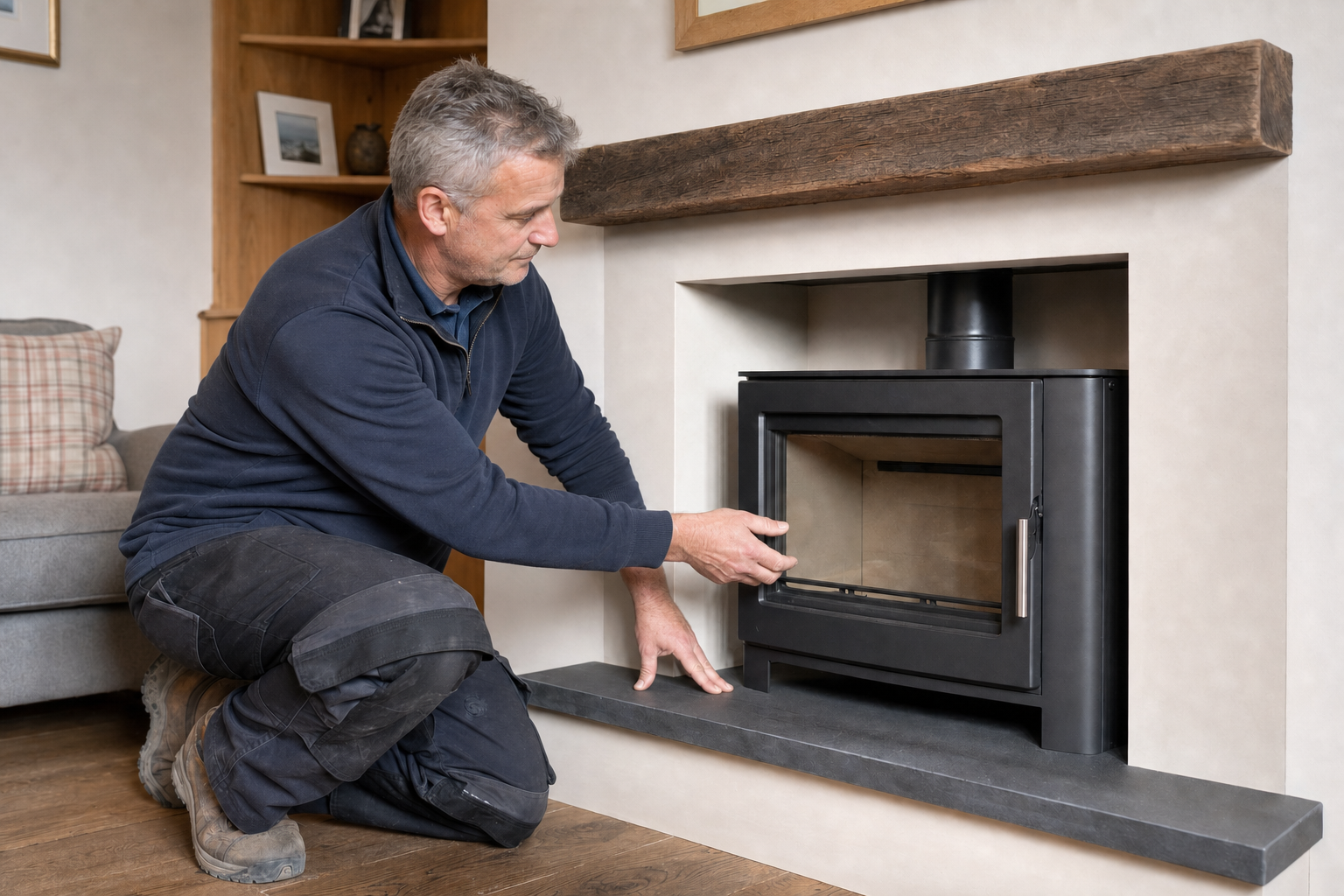 A person kneeling while adjusting a black fireplace insert in a cosy living room.