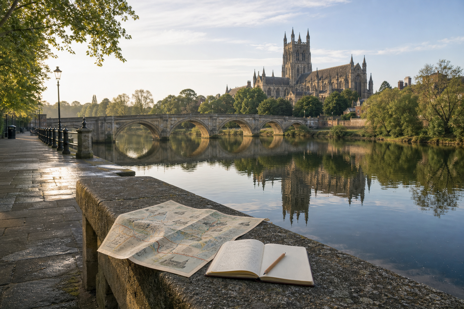 A map and notebook with a pencil lie on a stone ledge overlooking a tranquil river and historic cathedral in the background.