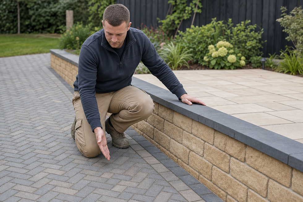 Man inspecting brick paving layout next to a raised patio with plants in the background.