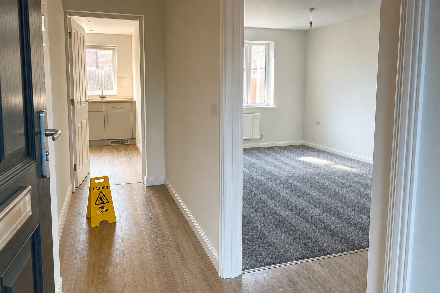 A hallway with wooden flooring leads to a kitchen and living room, with a yellow caution wet floor sign visible.