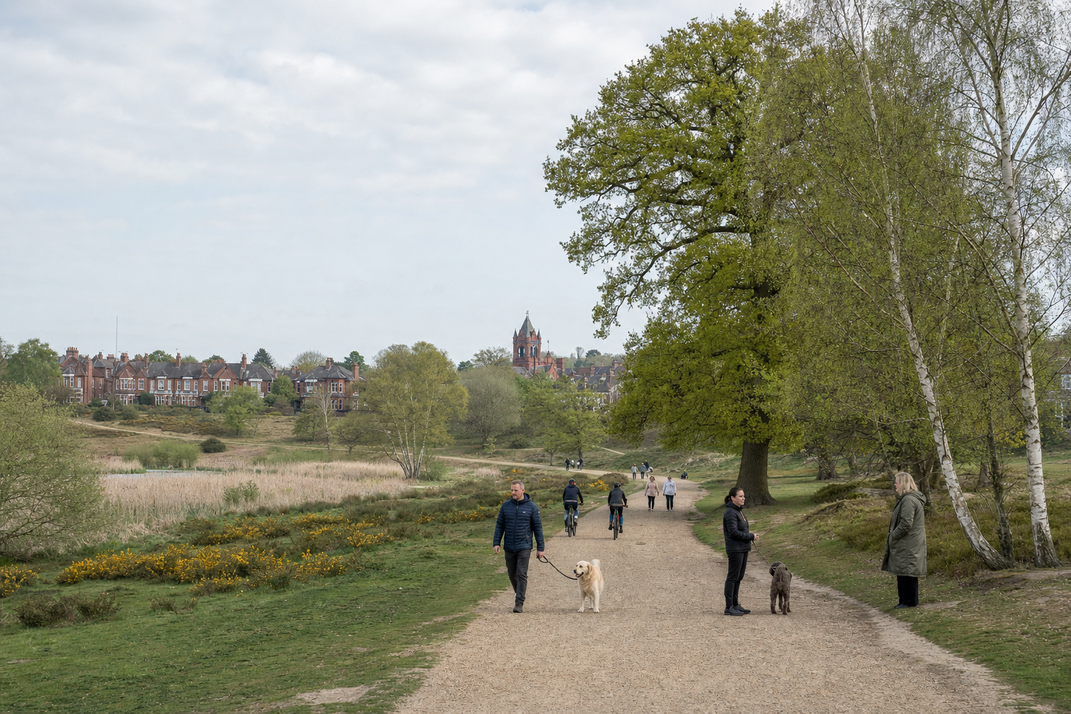 People walking dogs along a tree-lined path in a park, with houses and a church visible in the background.