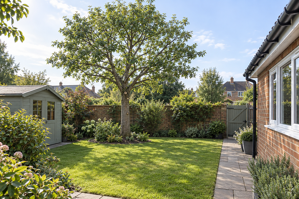 A serene garden with a central tree, a small shed, and a brick house on a sunny day.