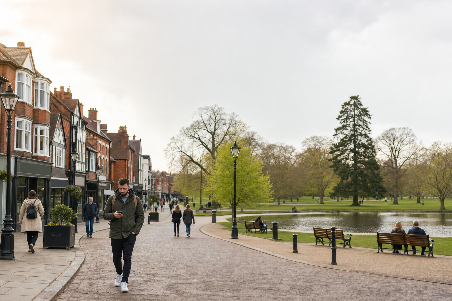 A man walks along a cobblestone path near a park and pond, surrounded by people, benches, and historic buildings.
