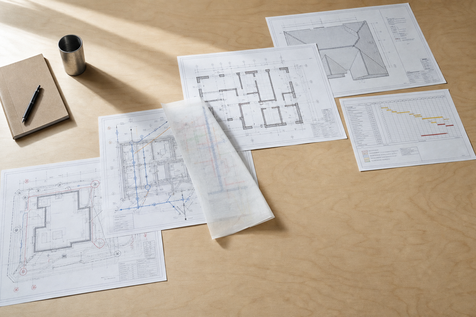Architectural blueprints and a project plan on a wooden table with a notebook, pen, and metal cup.