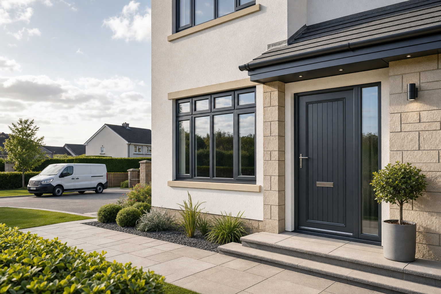 Modern house entrance with a grey door and a potted plant, set in a suburban neighbourhood with a white van nearby.