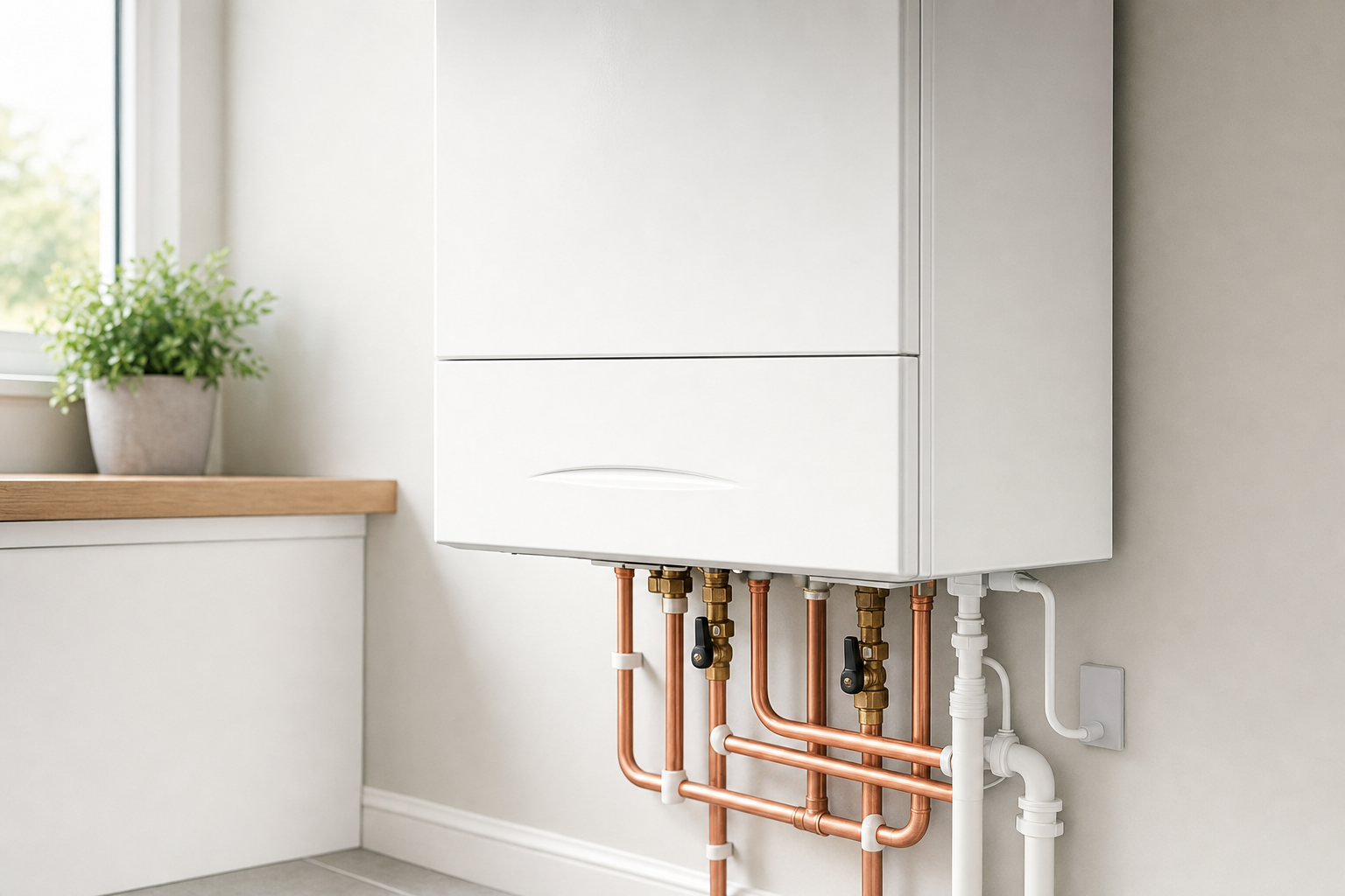 White boiler unit with copper pipes beneath, situated in a modern room with a potted plant on the windowsill.