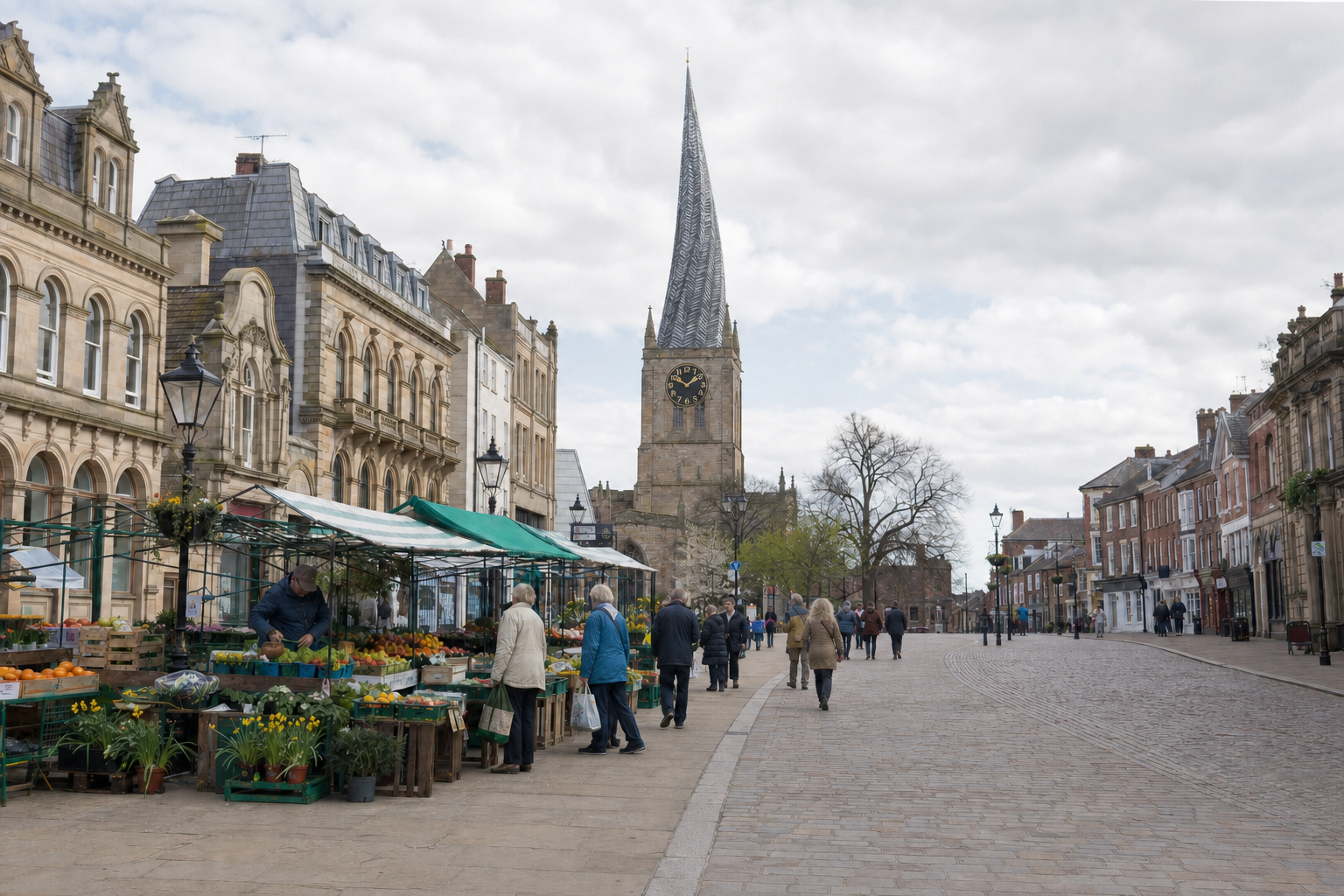 A bustling market scene on a cobbled street with a church spire visible in the background.