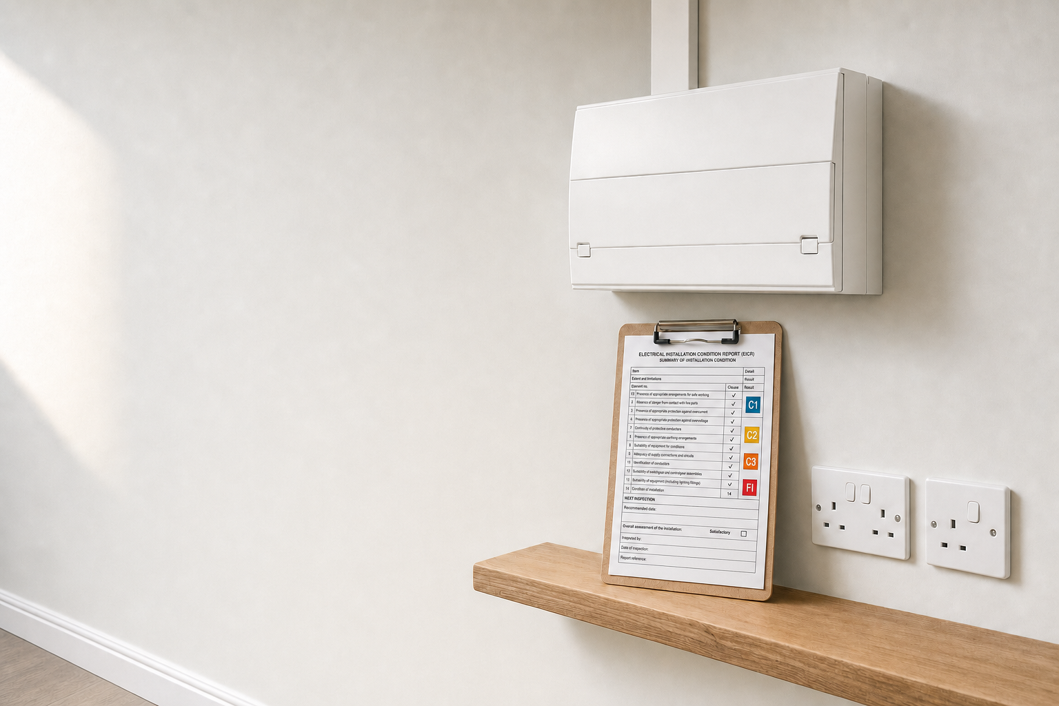 An electrical installation condition report on a clipboard sits on a wooden shelf below a consumer unit and power sockets.