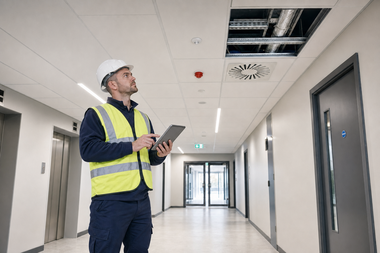 Construction worker in a high-visibility vest using a tablet to inspect ceiling infrastructure in a modern building corridor.
