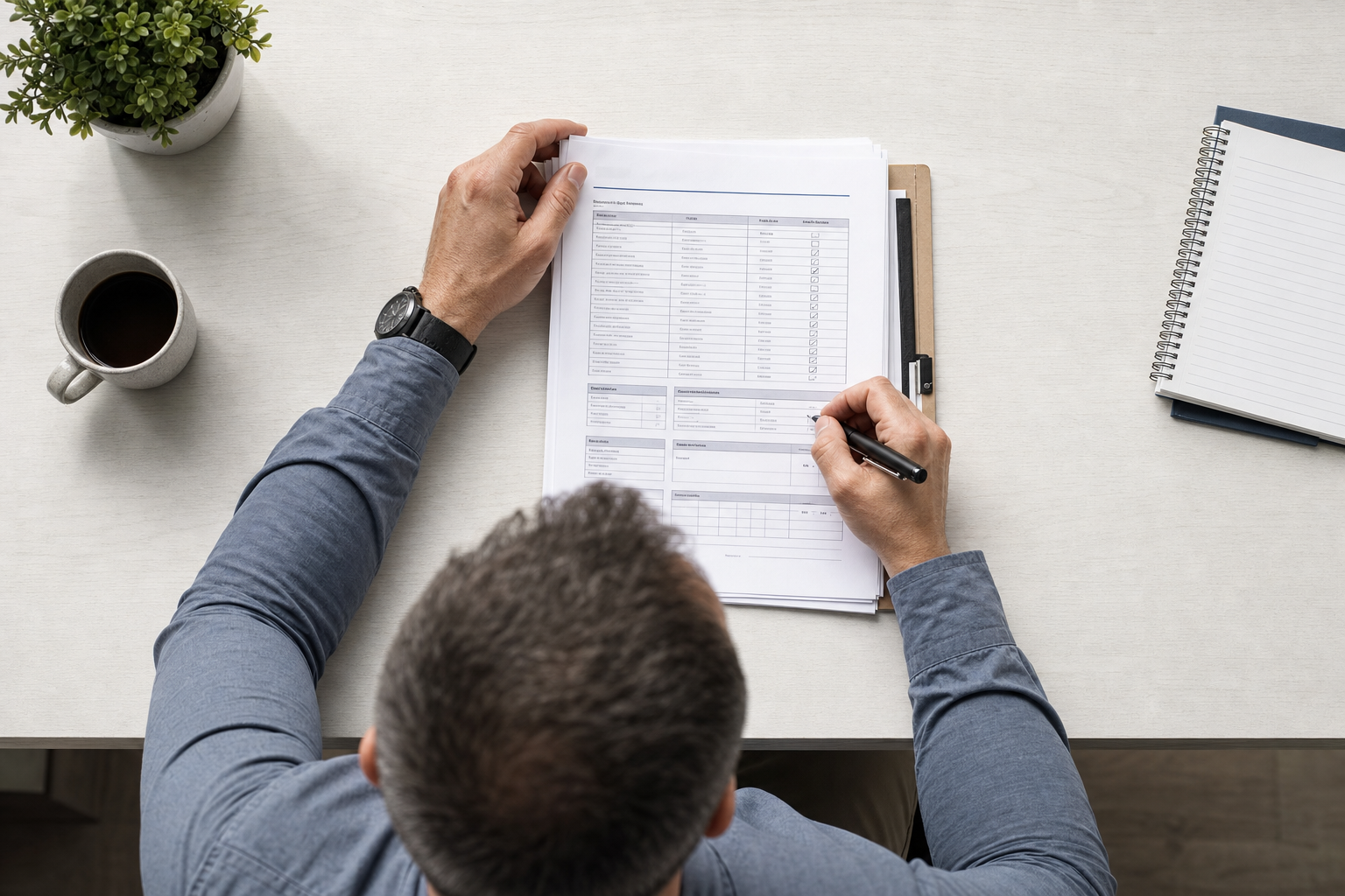 A person writes on a document at a desk with a coffee cup, notebook, and potted plant.