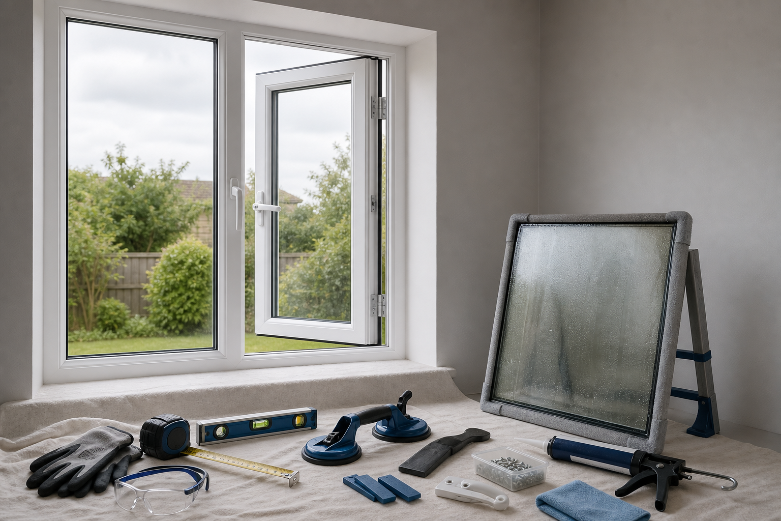 Open window with installation tools and a glass pane on a table.