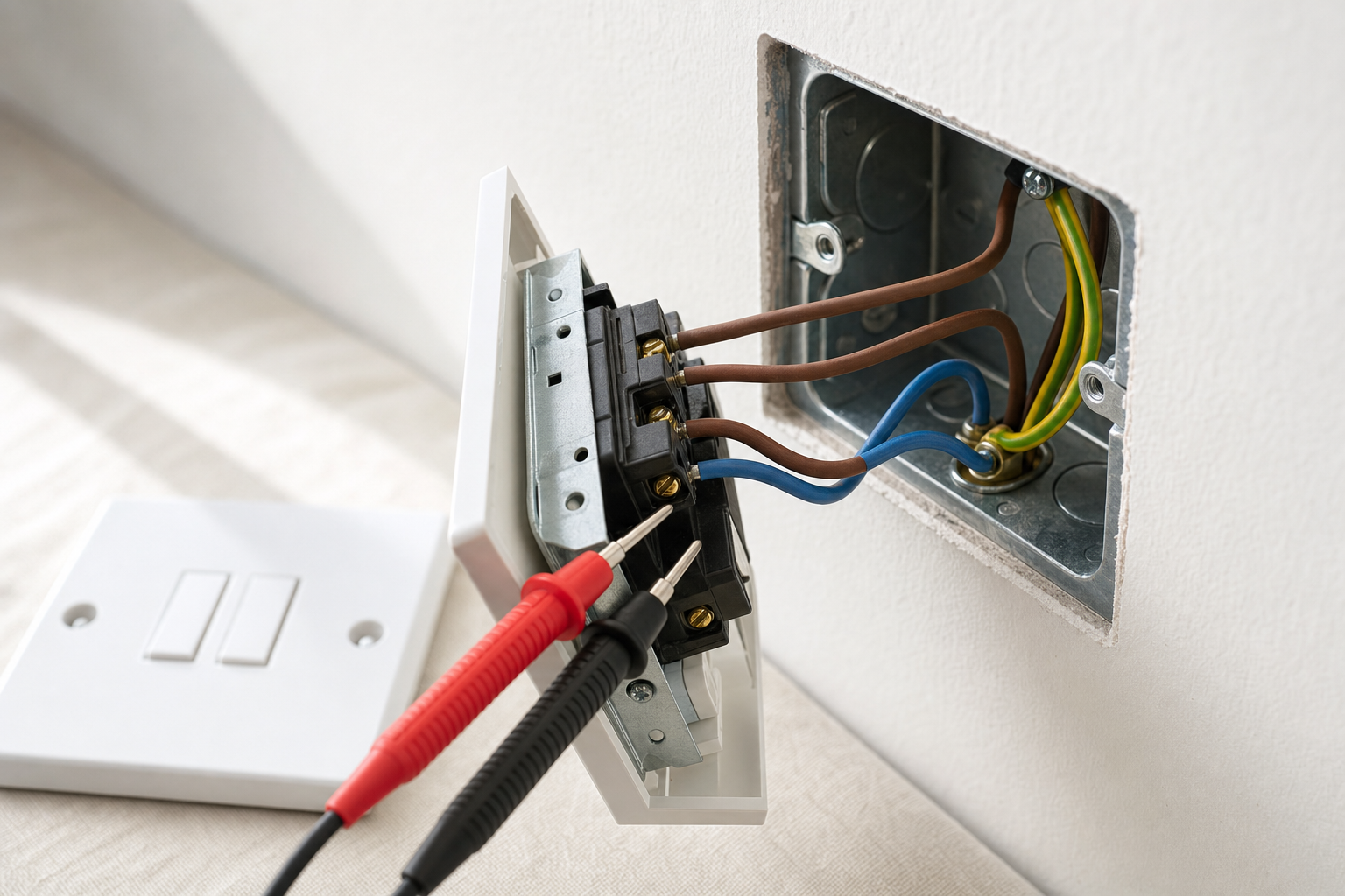 Electrical outlet with exposed wiring being tested using red and black multimeter probes.