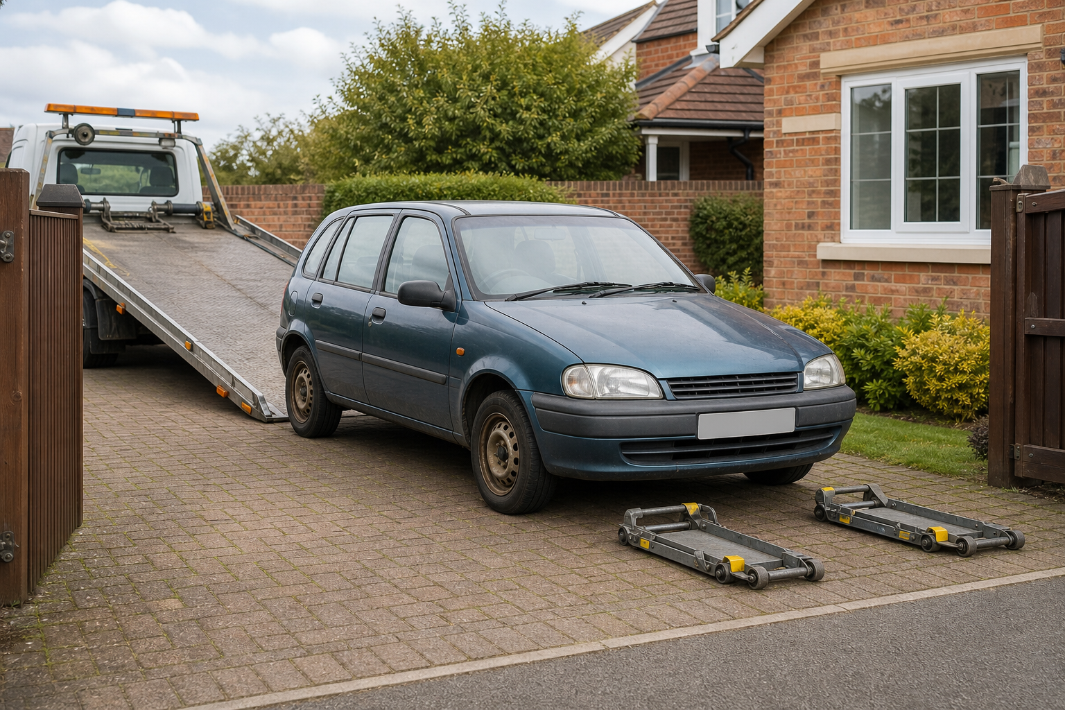 A blue car is prepared to be loaded onto a tow truck in a residential driveway.