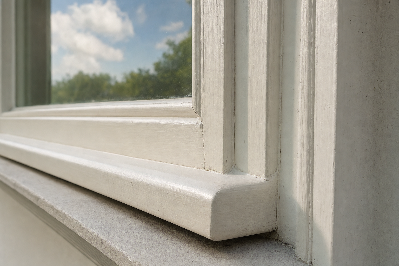 Close-up of freshly painted off-white exterior moulding and trim with smooth satin finish.