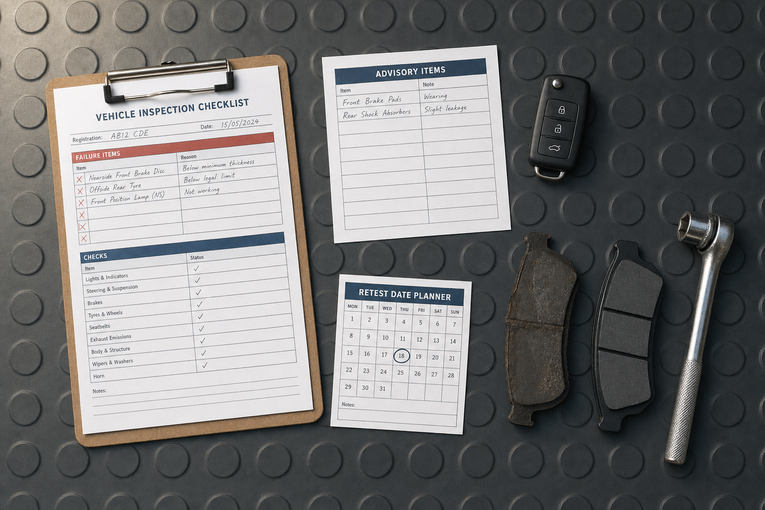 Vehicle inspection checklist on a clipboard, car key, brake pads, and wrench placed on a textured surface.