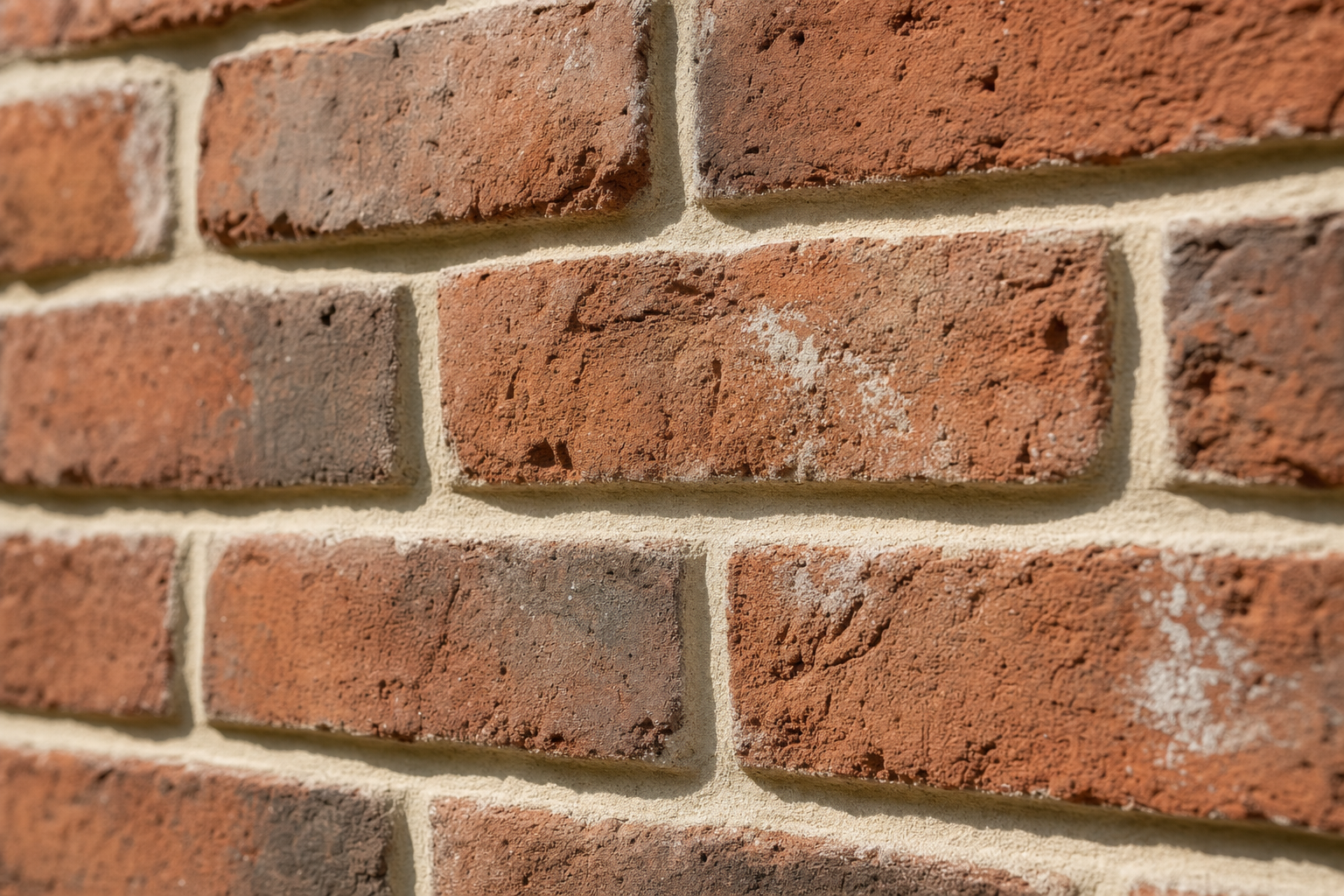 Close-up of a brick wall displaying textured red bricks and light mortar joints.