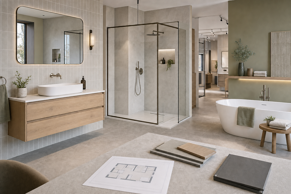 Luxury bathroom with a large glass shower, wooden vanity, freestanding bathtub, and design materials on a table.