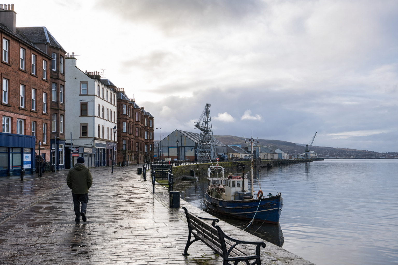 A solitary person walks along a wet cobblestone waterfront, with a small boat moored at the quay and industrial buildings in the distance.