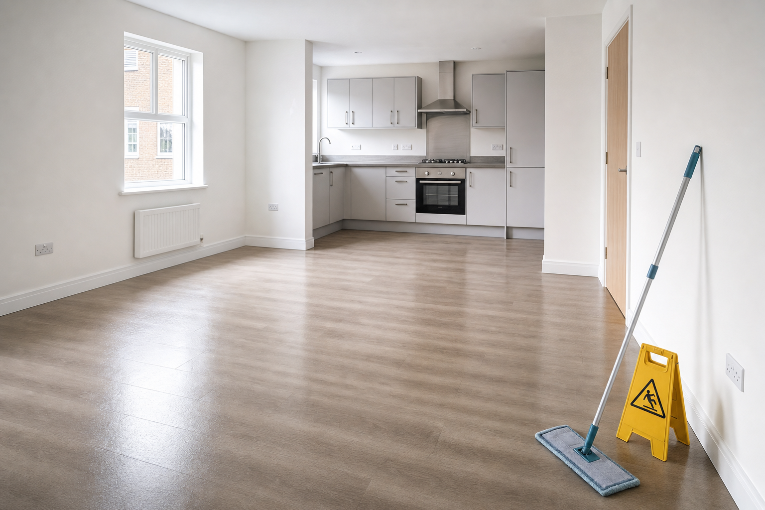An empty modern kitchen with wooden flooring, a mop, and a caution wet floor sign.