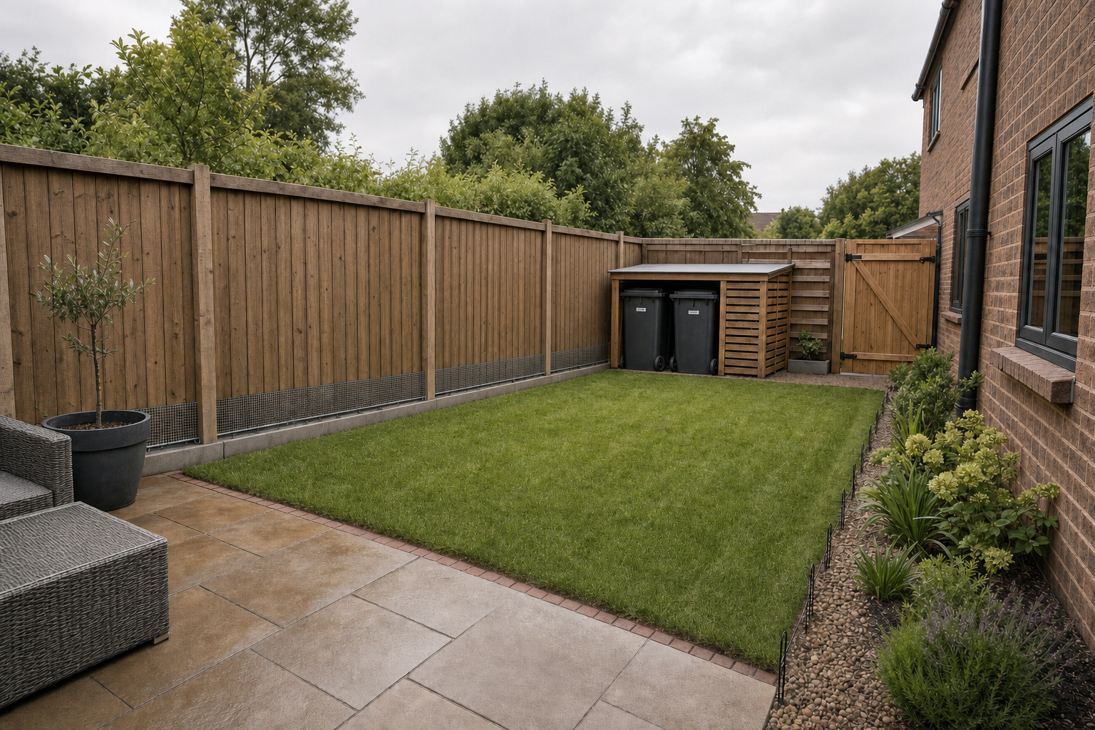 A neatly maintained suburban garden with a lawn, patio, and wooden fencing beside a brick house.