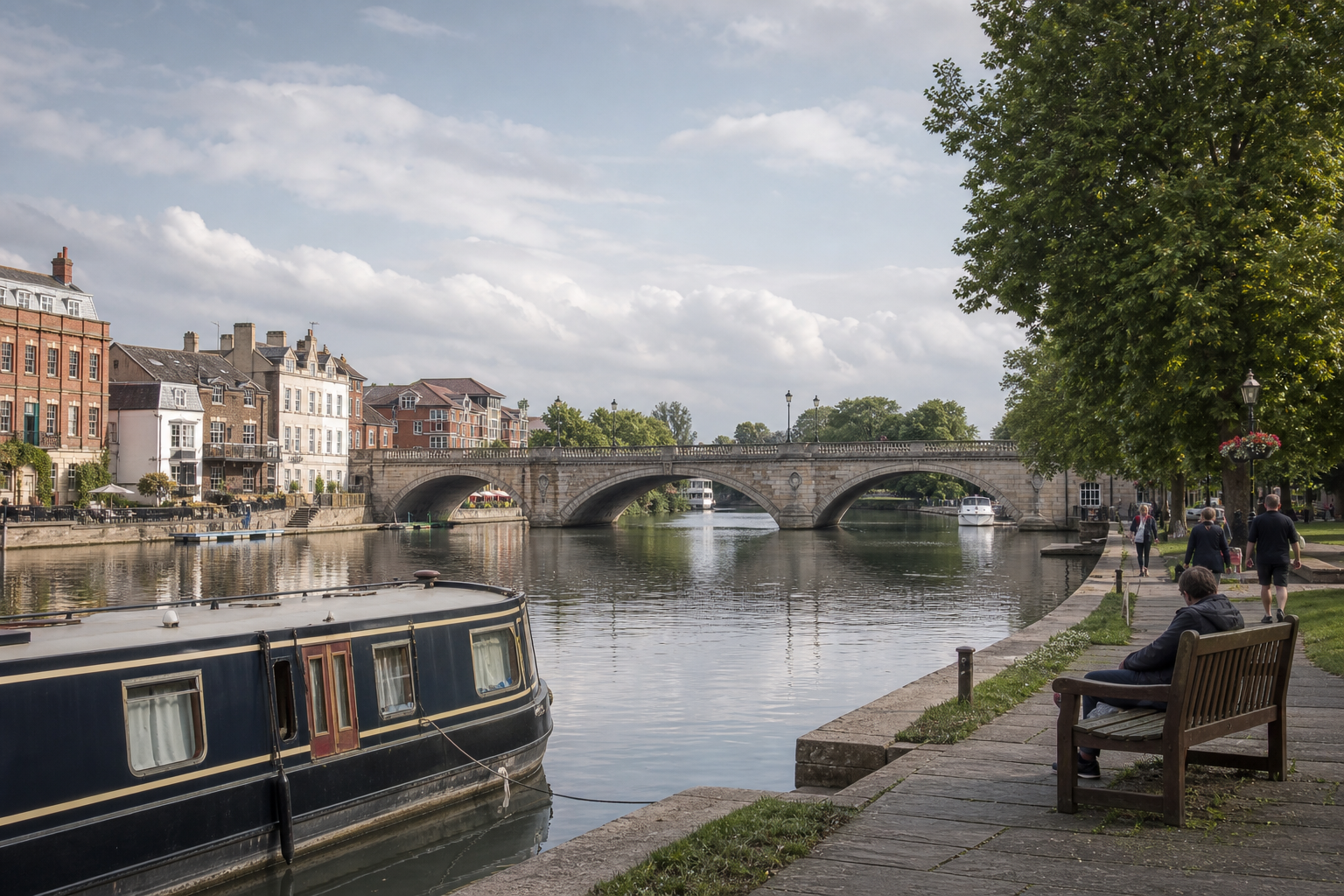 Riverside scene with a bridge, narrowboat, and people strolling along the path.