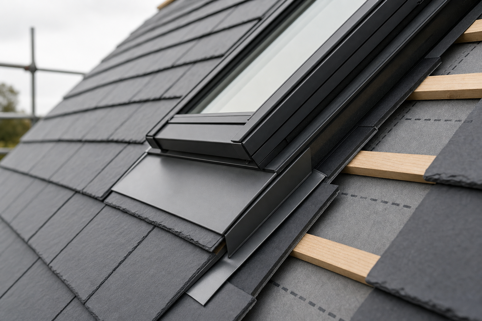 Modern roof with grey slate tiles and a skylight window, highlighting precise installation and craftsmanship.